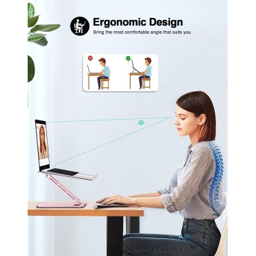 RIWUCT Foldable Laptop Stand, Height Adjustable Ergonomic Computer Stand for Desk, Ventilated Aluminum Portable Laptop Riser Holder Compatible with MacBook Pro Air, All Notebooks 10-16" (Pink)