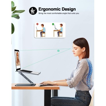 RIWUCT Foldable Laptop Stand, Height Adjustable Ergonomic Computer Stand for Desk, Ventilated Aluminum Portable Laptop Riser Holder Mount Compatible with MacBook Pro Air, All Notebooks 10-16" - Gray