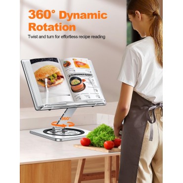 RIWUCT Aluminium Exterior Book Stand for Reading, Book Holder with 360° Swivel Base & Elastic Page Clips, Adjustable Cookbook Stand for Kitchen Counter, Recipe/Textbook/Music Scores Stand for Desk