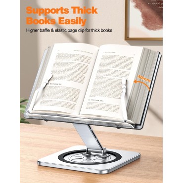 RIWUCT Aluminium Exterior Book Stand for Reading, Book Holder with 360° Swivel Base & Elastic Page Clips, Adjustable Cookbook Stand for Kitchen Counter, Recipe/Textbook/Music Scores Stand for Desk