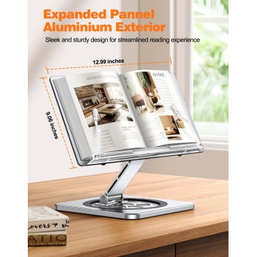 RIWUCT Aluminium Exterior Book Stand for Reading, Book Holder with 360° Swivel Base & Elastic Page Clips, Adjustable Cookbook Stand for Kitchen Counter, Recipe/Textbook/Music Scores Stand for Desk