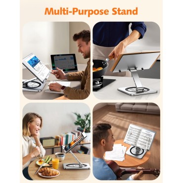 RIWUCT Aluminium Exterior Book Stand for Reading, Book Holder with 360° Swivel Base & Elastic Page Clips, Adjustable Cookbook Stand for Kitchen Counter, Recipe/Textbook/Music Scores Stand for Desk