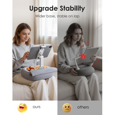 RIWUCT Tablet Pillow Stand for Bed, [Adjustable & Stable] Kindle Holder for 5-12.9" Phone/iPad/Tablet/E-Reader with 360° Rotating Clip & Snack Bowl, Ideal for Hands-Free Reading on Bed/Sofa, Grey