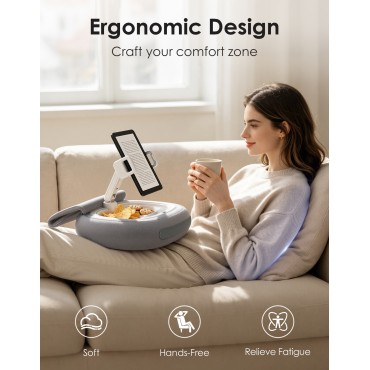 RIWUCT Tablet Pillow Stand for Bed, [Adjustable & Stable] Kindle Holder for 5-12.9" Phone/iPad/Tablet/E-Reader with 360° Rotating Clip & Snack Bowl, Ideal for Hands-Free Reading on Bed/Sofa, Grey