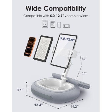 RIWUCT Tablet Pillow Stand for Bed, [Adjustable & Stable] Kindle Holder for 5-12.9" Phone/iPad/Tablet/E-Reader with 360° Rotating Clip & Snack Bowl, Ideal for Hands-Free Reading on Bed/Sofa, Grey
