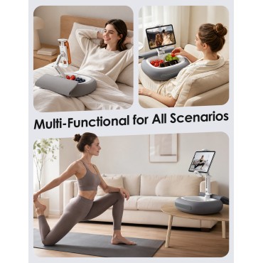 RIWUCT Tablet Pillow Stand for Bed, [Adjustable & Stable] Kindle Holder for 5-12.9" Phone/iPad/Tablet/E-Reader with 360° Rotating Clip & Snack Bowl, Ideal for Hands-Free Reading on Bed/Sofa, Grey