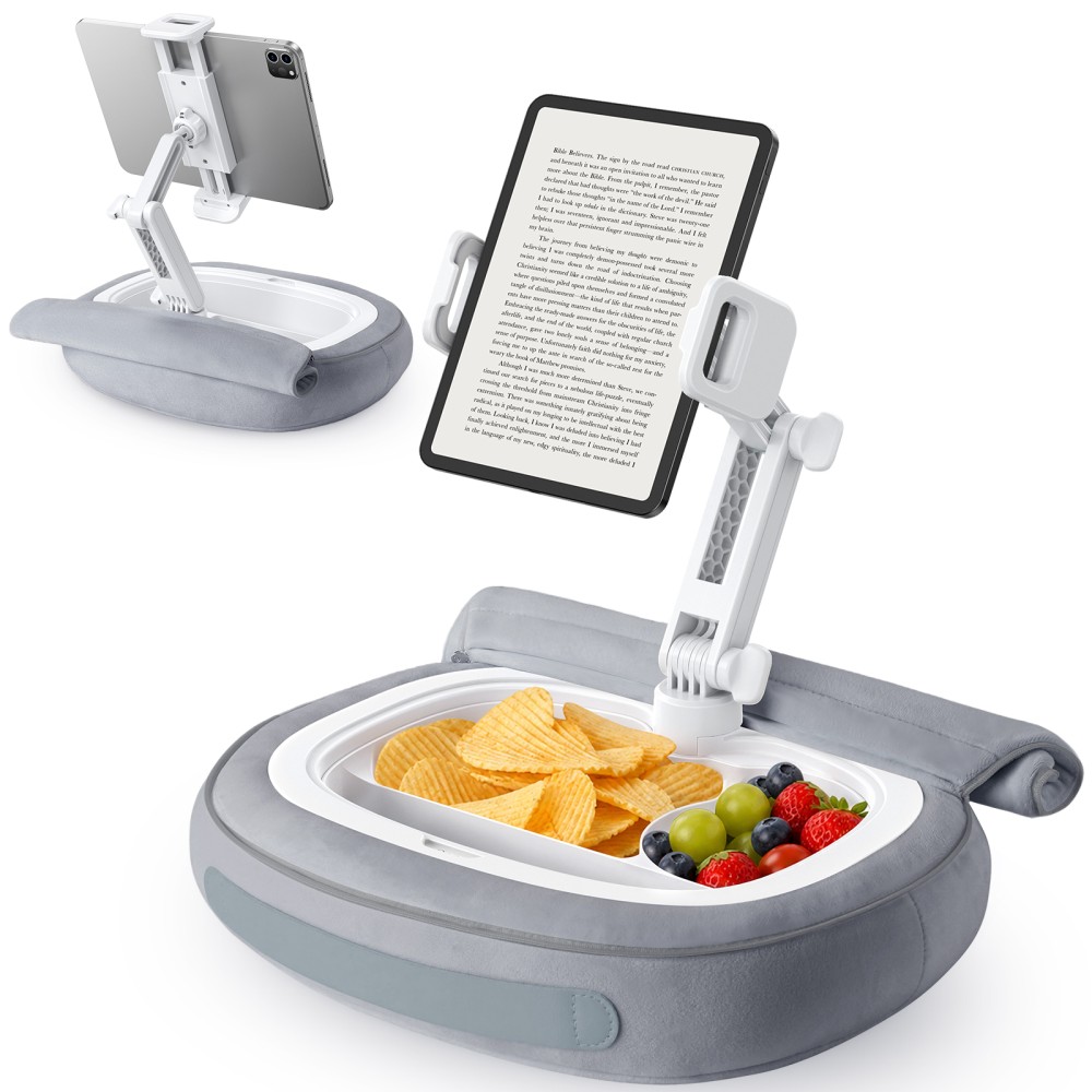 RIWUCT Tablet Pillow Stand for Bed, [Adjustable & Stable] Kindle Holder for 5-12.9" Phone/iPad/Tablet/E-Reader with 360° Rotating Clip & Snack Bowl, Ideal for Hands-Free Reading on Bed/Sofa, Grey