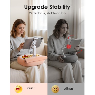 RIWUCT Tablet Pillow Stand for Bed, [Adjustable & Stable] Kindle Holder for 5-12.9" Phone/iPad/Tablet/E-Reader with 360° Rotating Clip & Snack Bowl, Ideal for Hands-Free Reading on Bed/Sofa, Pink