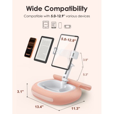 RIWUCT Tablet Pillow Stand for Bed, [Adjustable & Stable] Kindle Holder for 5-12.9" Phone/iPad/Tablet/E-Reader with 360° Rotating Clip & Snack Bowl, Ideal for Hands-Free Reading on Bed/Sofa, Pink