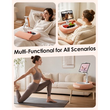 RIWUCT Tablet Pillow Stand for Bed, [Adjustable & Stable] Kindle Holder for 5-12.9" Phone/iPad/Tablet/E-Reader with 360° Rotating Clip & Snack Bowl, Ideal for Hands-Free Reading on Bed/Sofa, Pink