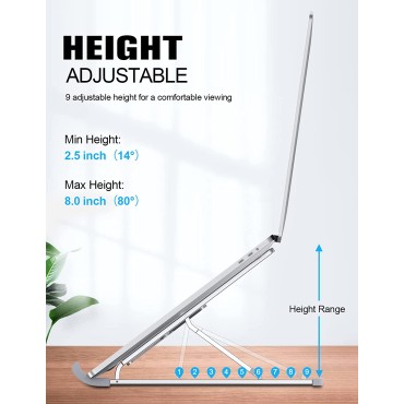 RIWUCT Laptop Stand for Desk, 9-Levels Adjustable Ergonomic Laptop Riser Holder, Aluminum Foldable Portable Computer Notebook Stand Compatible with MacBook, Air, Pro All Laptops 10-15.6” (Silver)